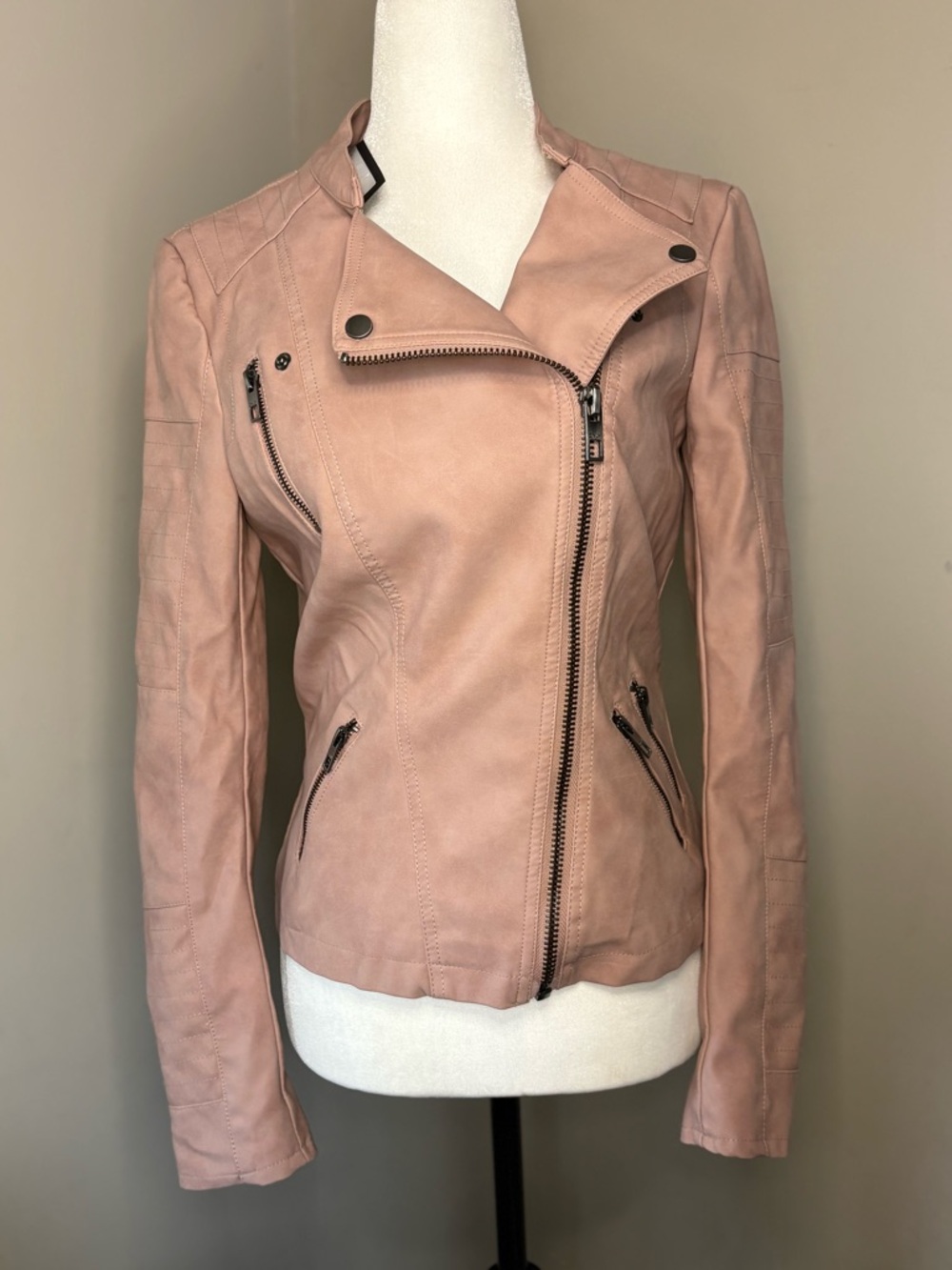 Only Blush Pink Asymmetrical Moto Faux Leather Jacket